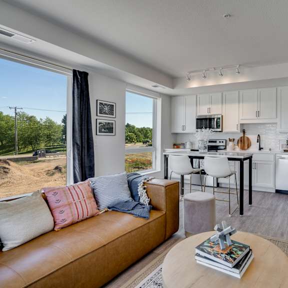 modern living room with a couch at the shale, minneapolis, 55406