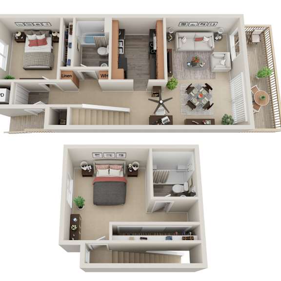 Thumbnail 1 of 3 A 3D floor plan of a two-bedroom apartment with a living room, kitchen, and bathroom.