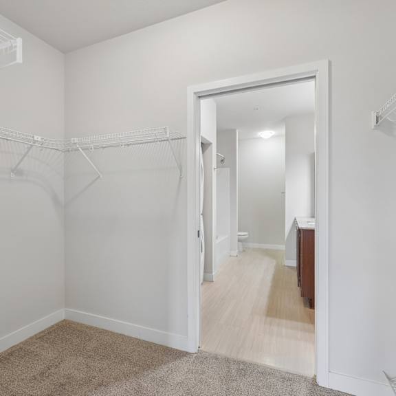 a white closet with a mirror and a doorway leading to a hallway.