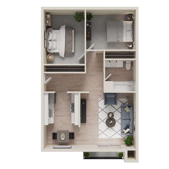 Thumbnail 1 of 2 A top-down view of a small apartment with a bedroom, living room, and kitchen.