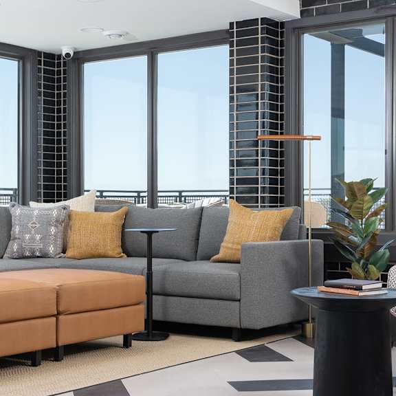 a living room with a grey couch, a brown ottoman, and a black table with a plant on it.