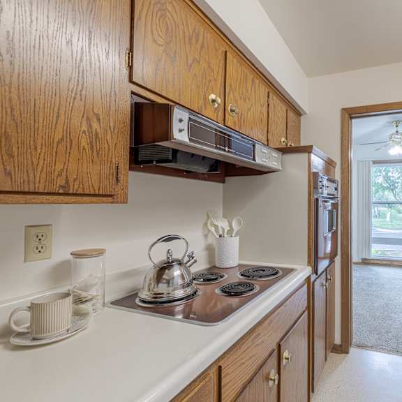 a kitchen with wooden cabinets and a stove top oven.