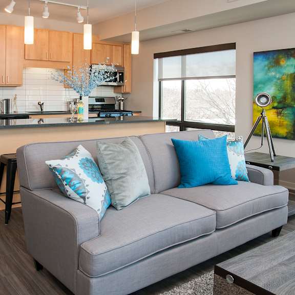 living room and kitchen at zest, minneapolis, mn