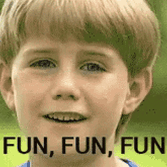 a child with the text "fun, fun, fun!" in the foreground.