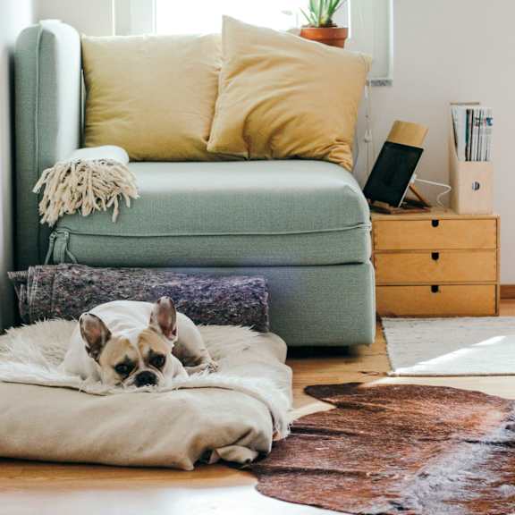 a dog is lying on a blanket in a living room.