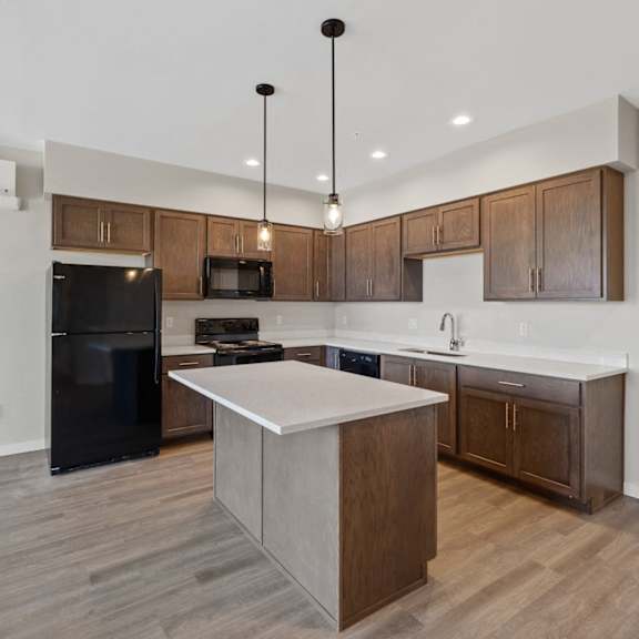 a modern kitchen with a black fridge and wooden cabinets.