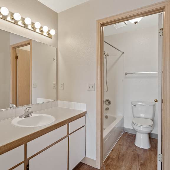 an apartment bathroom with sink and shower and toilet
