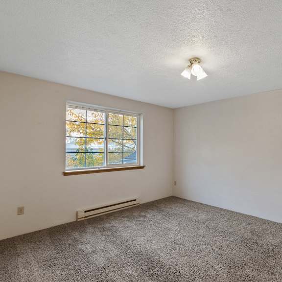 an empty living room with carpet and a window