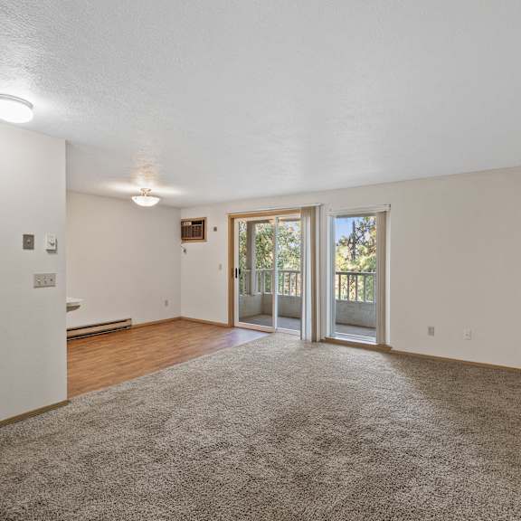 an empty living room with a sliding glass door to a patio