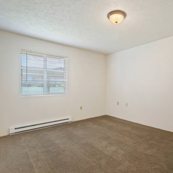 the living room of an apartment with carpet and a window