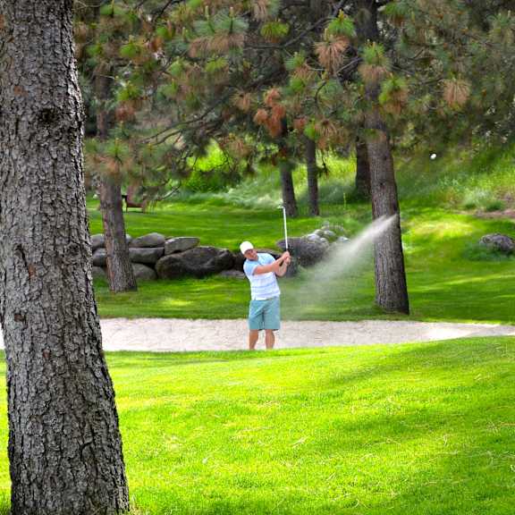 a man is playing golf in a green field.