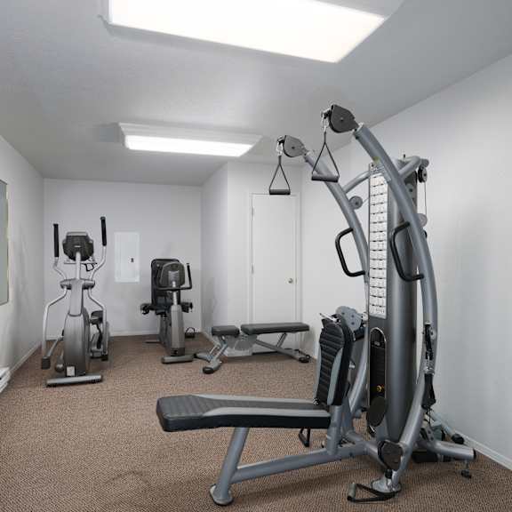 a gym with exercise machines and a mirror