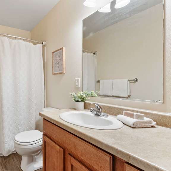 a bathroom with a white shower curtain and a sink and a toilet