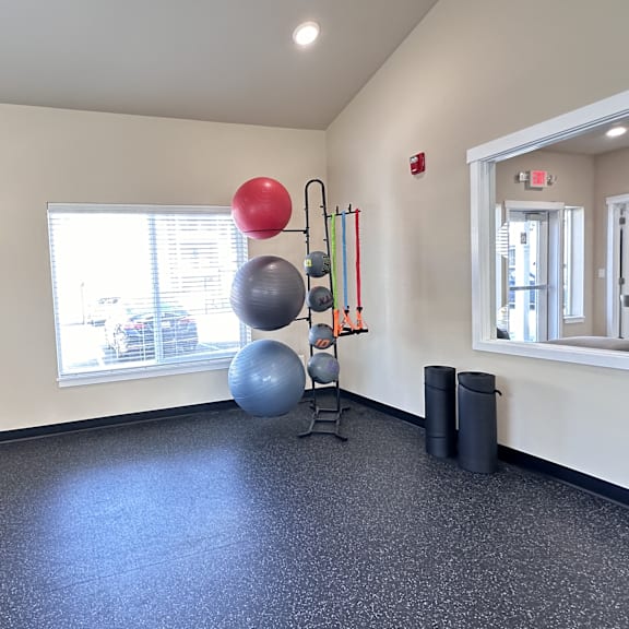a room with a blue screen on the wall and exercise equipment.