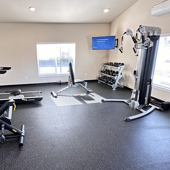a home gym with a treadmill, rowing machine, and exercise bike.