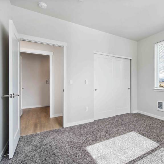 a room with a large rug in the middle and a window with blinds.