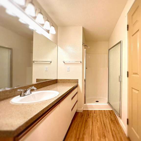 a bathroom with a sink, mirror, and wooden floor.