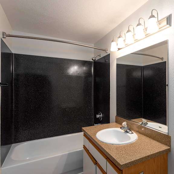 a bathroom with a sink, mirror, and shower.