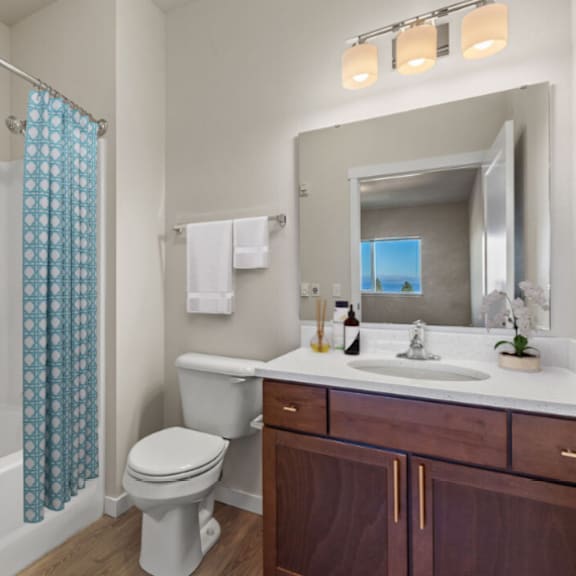 a bathroom with a white toilet, a sink, and a shower with a blue curtain.