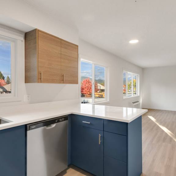 a kitchen with blue cabinets and a sink and a window