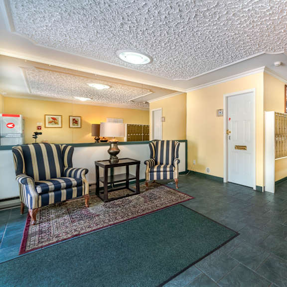 a living room with striped chairs and a rug.