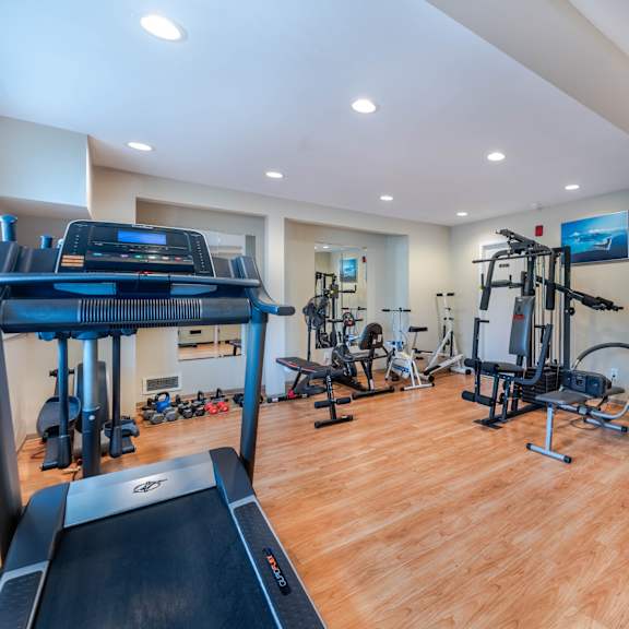 a spacious home gym with a variety of equipment including a treadmill, weight machines, and a bench.