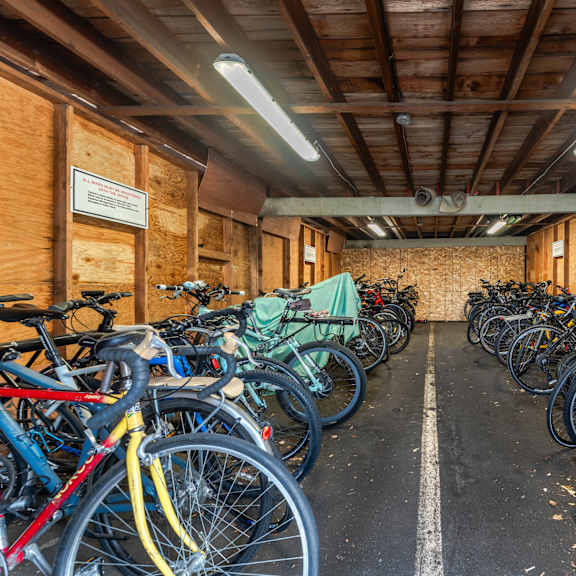 a long row of bicycles are parked in a garage.
