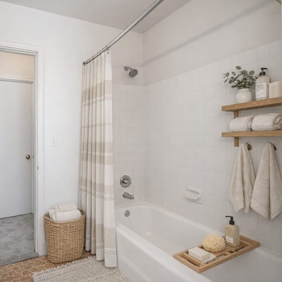 a bathroom with a white tub, a white door, and a white wall.