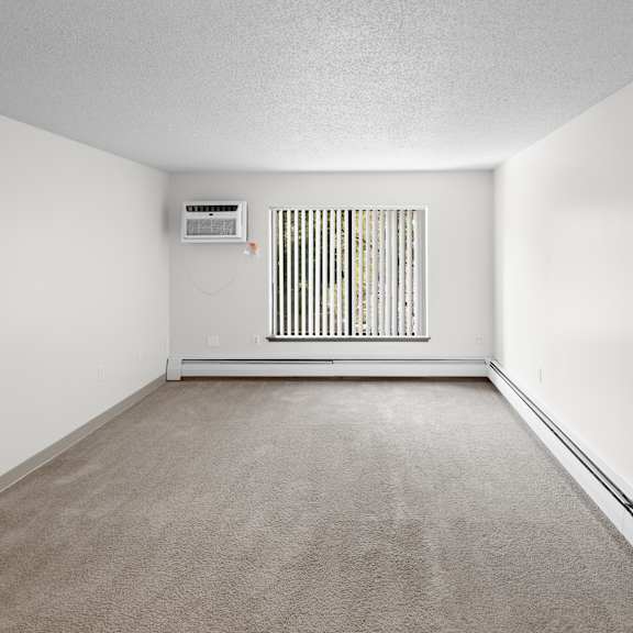 a room with a carpeted floor and a window with blinds.