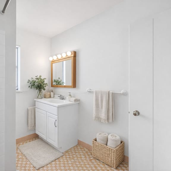 a white bathroom with a sink, mirror, and towel.