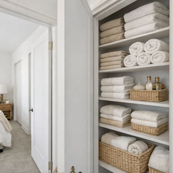 a white bathroom with a towel shelf and a bed.