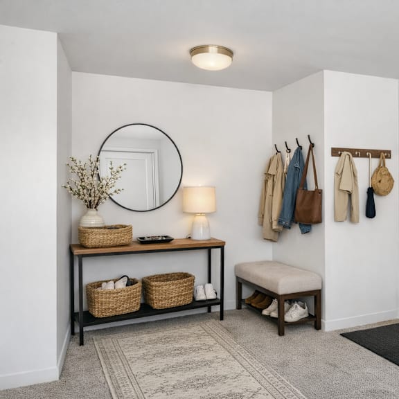 a hallway with a bench, coat rack, and baskets.