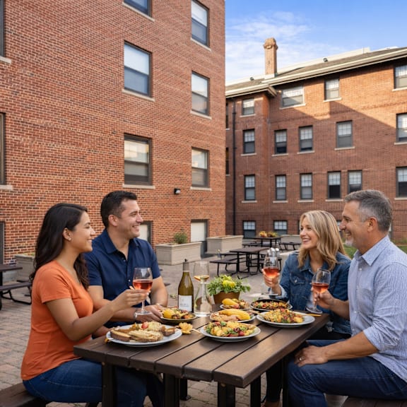 four people are sitting at a table with food and drinks.