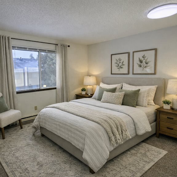a bedroom with a large bed, a chair, and a nightstand.
