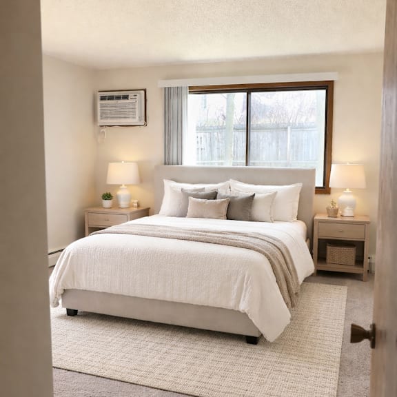 a bedroom with a large bed and two lamps on either side of the bed.