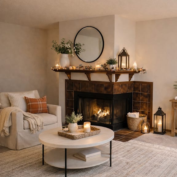 a cozy living room with a fireplace and a coffee table.
