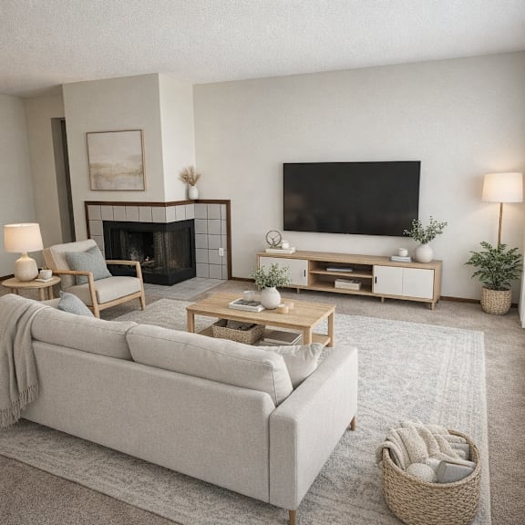 a living room with a grey couch, a coffee table, a fireplace, a television, and a potted plant.