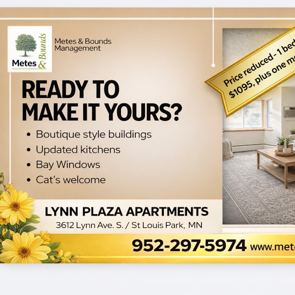 a flyer for lynn plaza apartments advertising a price reduction and contact information.