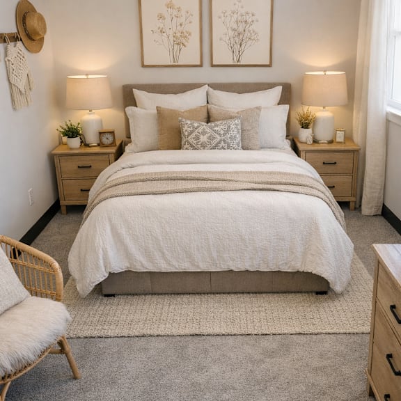 a bedroom with a large bed, a chair, and two nightstands.
