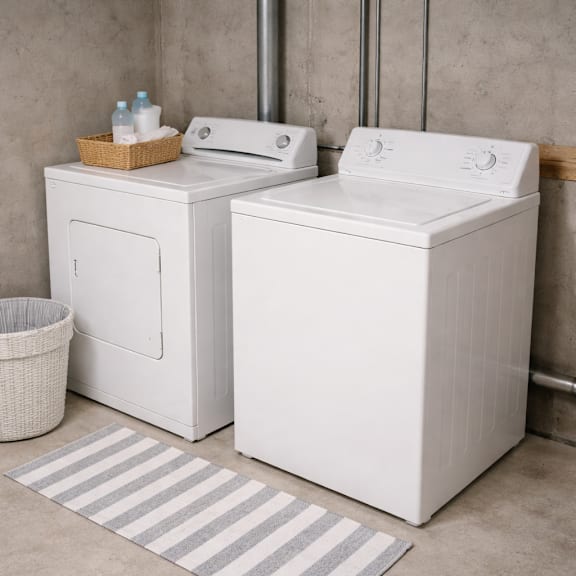 a white washing machine and dryer in a laundry room.