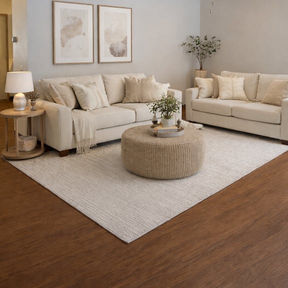a living room with a white couch, a grey rug, and a wooden floor.
