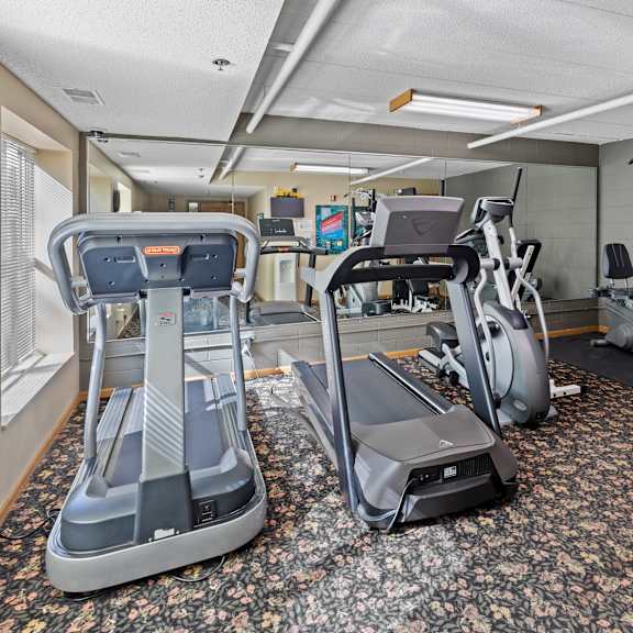 a gym with treadmills and exercise machines.