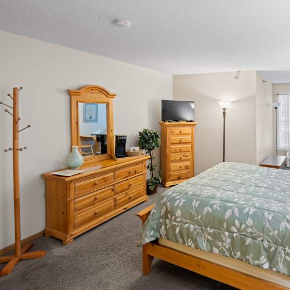 a bedroom with a bed, dresser, and mirror.