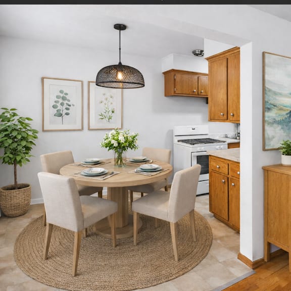 a dining room with a round table and chairs.