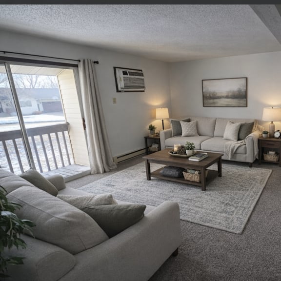a living room with a grey couch and a coffee table.