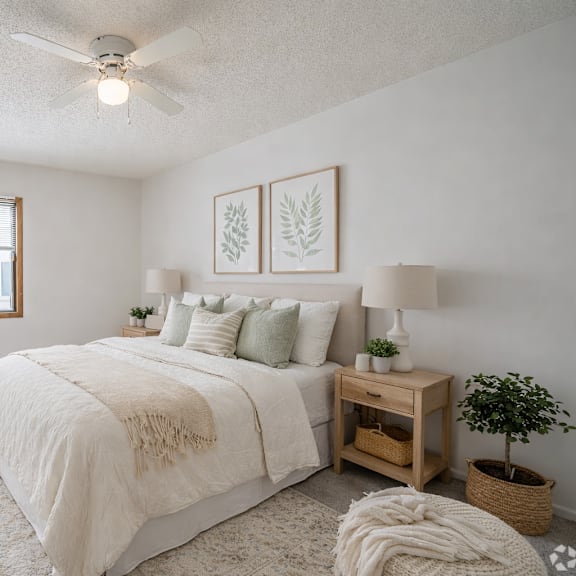 a bedroom with a large bed, a window, and a ceiling fan.