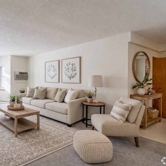 a living room with a white couch, a coffee table, and a rug.