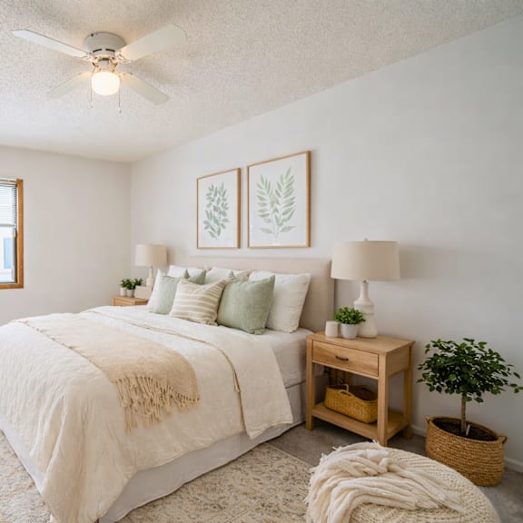 a bedroom with a large bed, a window, and a ceiling fan.