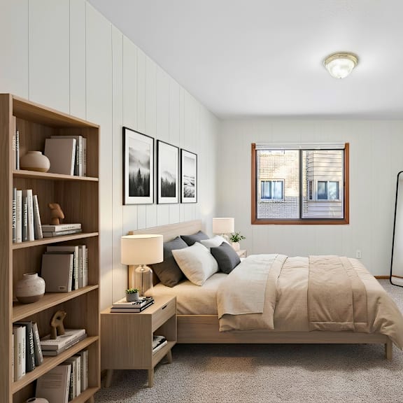 a bedroom with a bed, nightstand, and a bookshelf.