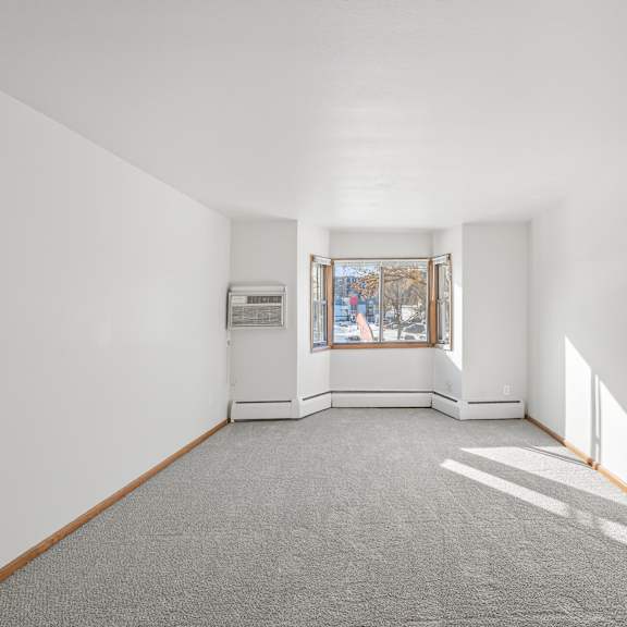 a spacious room with a window and a carpeted floor.